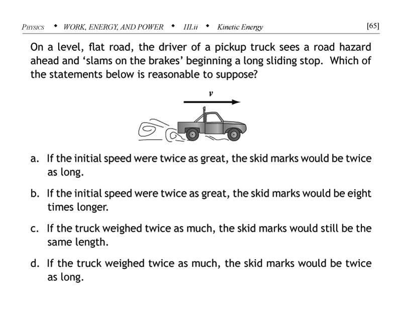 Work & energy problem relating the frictional work in a sliding stop to the kinetic energy of a moving truck