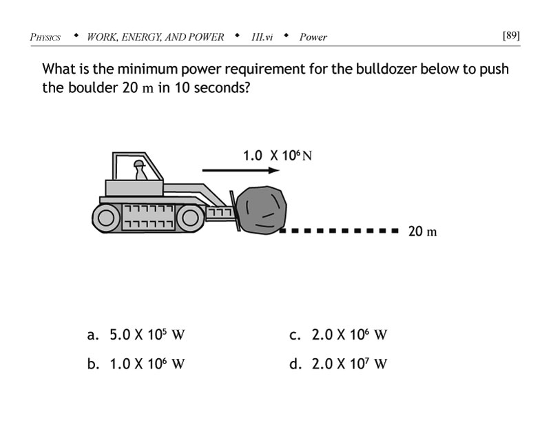 Power problem involving the rate of work done by a bulldozer pushing a boulder