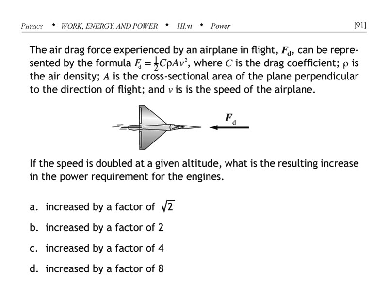 Power problem involving the air drag experienced by an airplane in flight