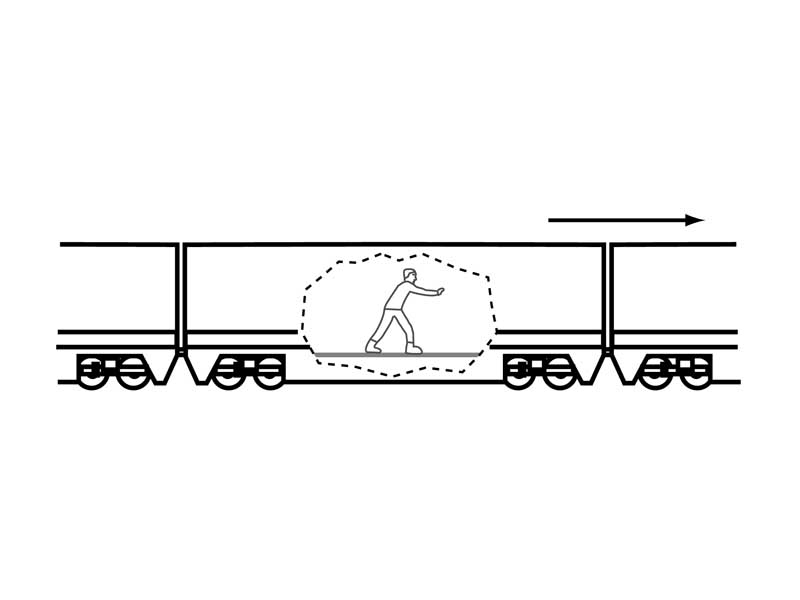 Figure of man sliding on moving train