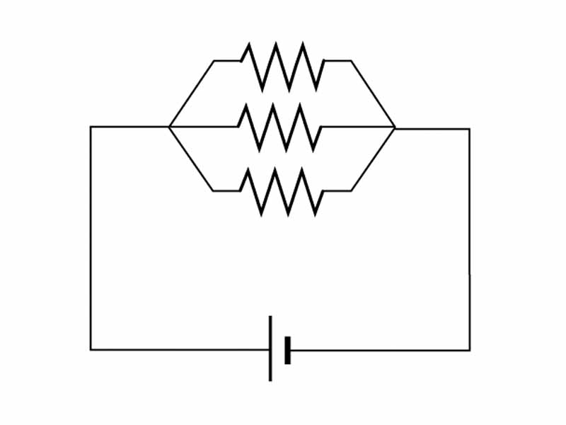 Circuit consisting of a voltage source and three resistors in parallel