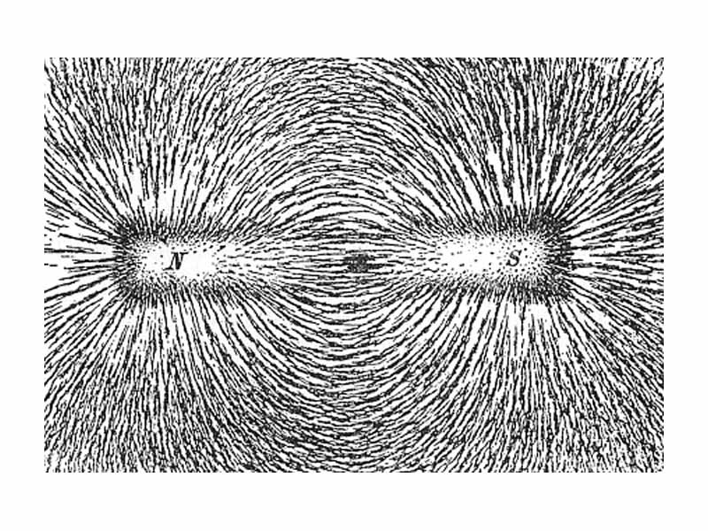 Magnetic lines of force of a bar magnet shown by iron filings on paper