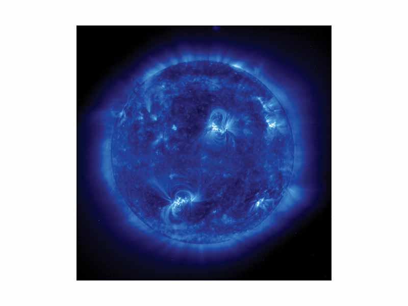 False-color image of the solar corona as seen in deep ultraviolet light at 17.1 nm by the Extreme ultraviolet Imaging Telescope instrument aboard the SOHO spacecraft