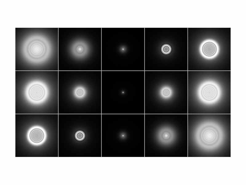 A point source as imaged by a system with negative (top), zero (center), and positive (bottom) spherical aberration. Images to the left are defocused toward the inside, images on the right toward the outside.