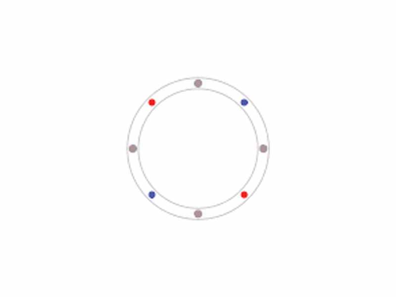 Animation - Sagnac effect - The red and blue dots represent counterpropagating signals. The velocity of the signals is the same in both directions. This equalness of velocities constitutes a constant background. The grey dots represent resonators for the signals. Due to the fact that the resonators have a velocity with respect to the background, the signals will have different frequencies.