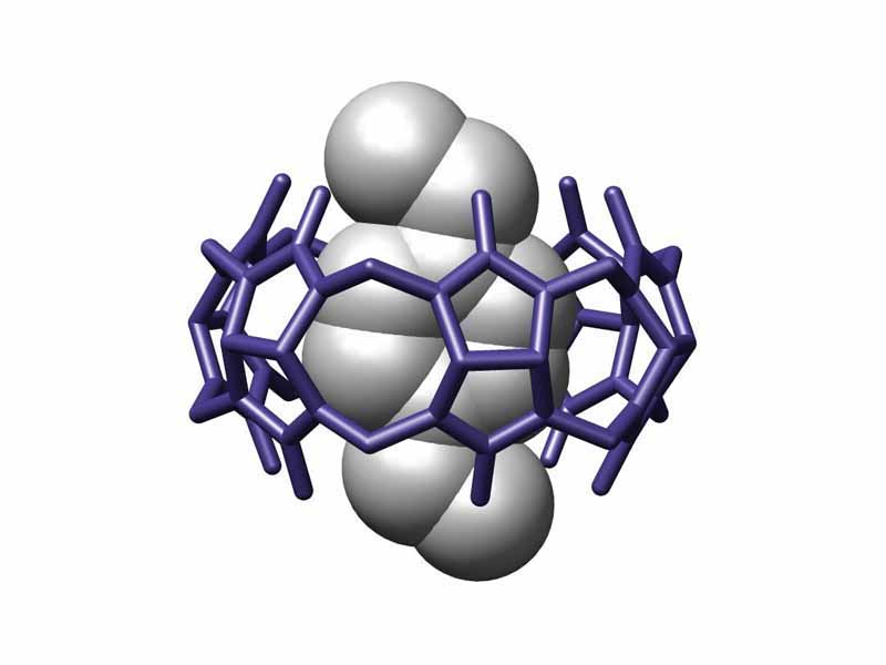 Example of a inclusion complex consisting of a p-xylylenediammonium bound within a cucurbituril reported by Freeman in Acta. Crystallogr. B, 1984, 382-387.
