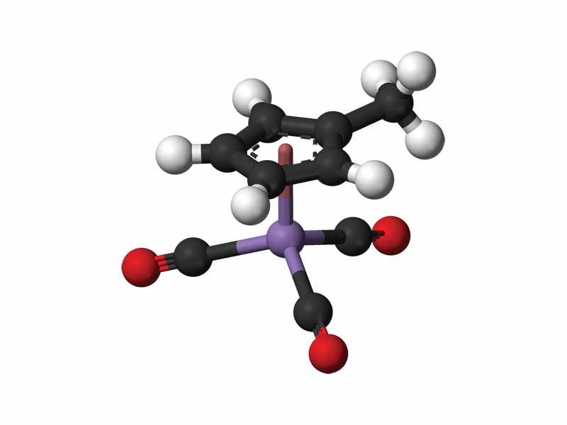 Ball-and-stick model of methylcyclopentadienyl manganese tricarbonyl, a piano stool compound