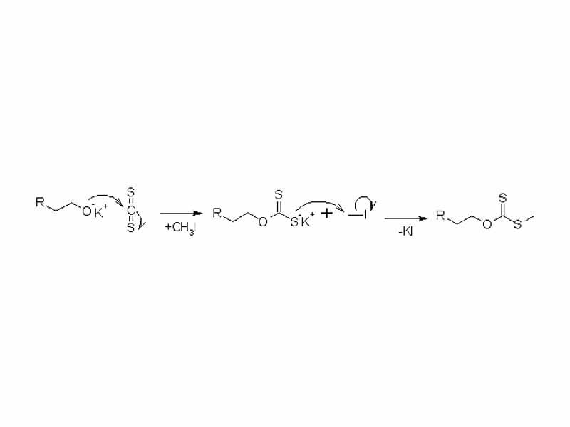 In the first step of Chugaev elimination, a potassium xanthate is formed out of the alkoxide and carbon disulfide (CS2). With iodomethane, it is transformed into a thioester.