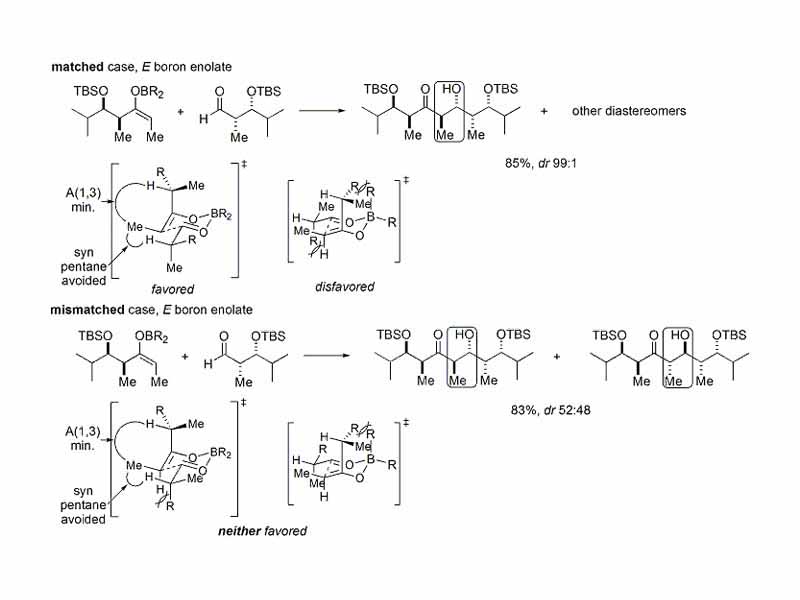 If both the enolate and the aldehyde both contain pre-existing chirality, then the outcome of the double stereodifferentiating aldol reaction may be predicted using a merged stereochemical model that takes into account the enolate facial bias, enolate geometry, and aldehyde facial bias.  The figure shows several examples of the application of this model.
