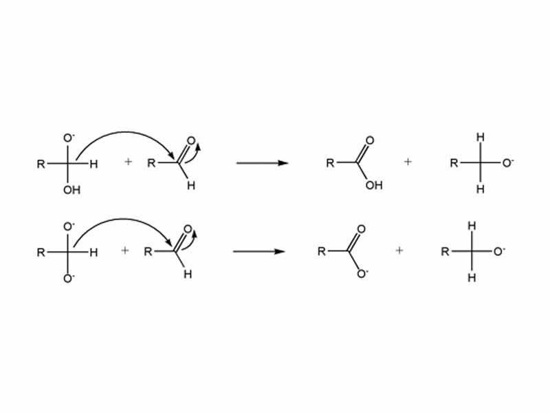 2nd step in the Cannizzaro reaction - hydride transfer simultaneously generates a hydroxyl anion and a carboxylate.