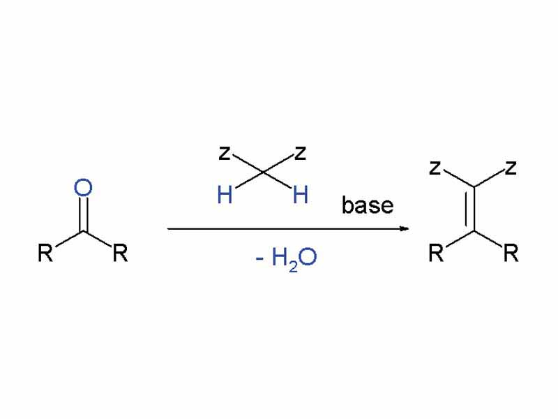 A Knoevenagel condensation is a nucleophilic addition of an active hydrogen compound to a carbonyl group followed by an dehydration reaction in which a molecule of water is eliminated (hence condensation). The product is often an alpha, beta conjugated enone.